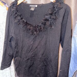 Sweaterworks Black Long-Sleeve Lace-Trim Scoop Neck Top